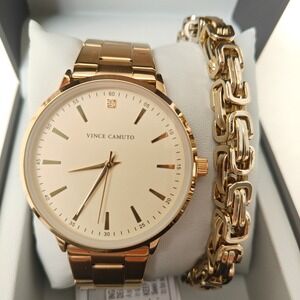 Vince Camuto Mens Watch Bracelet Set Gold Tone Stainless Steel Wristwatch New